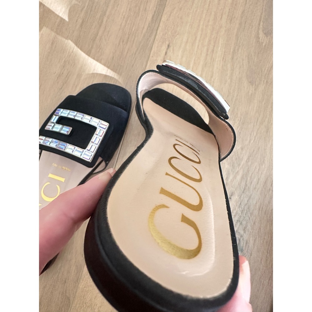 Gucci Nero Black Moire Fabric Crystal G Buckle Slide Sandals 551445 Size 35.5 - Picture 7 of 10